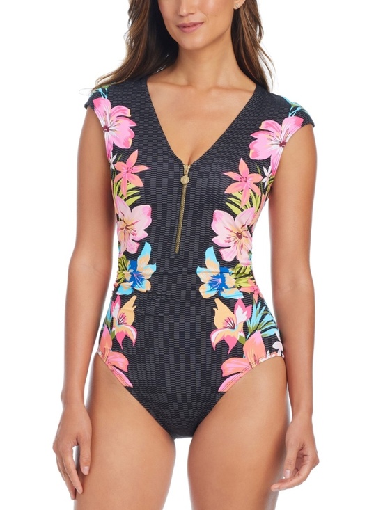 Bleu Rod Beattie Other - A zip-front closure and cap sleeves lend a unique finish to this side printed